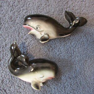 Vintage 50's Bradley Japan Set Of 2 Whales Porcelain Wall Hanging Decor Plaque